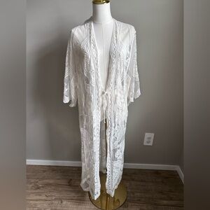 Maxi boho O/S White Lace medallion Long Kimono swimsuit Cover-Up summer beach